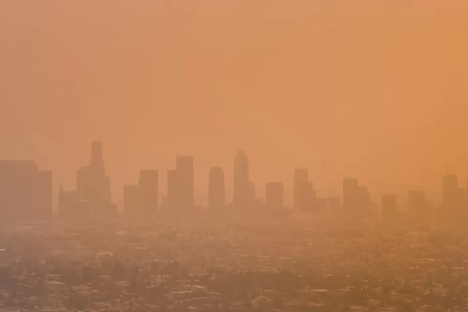 View of downtown Los Angeles, California through orange haze.